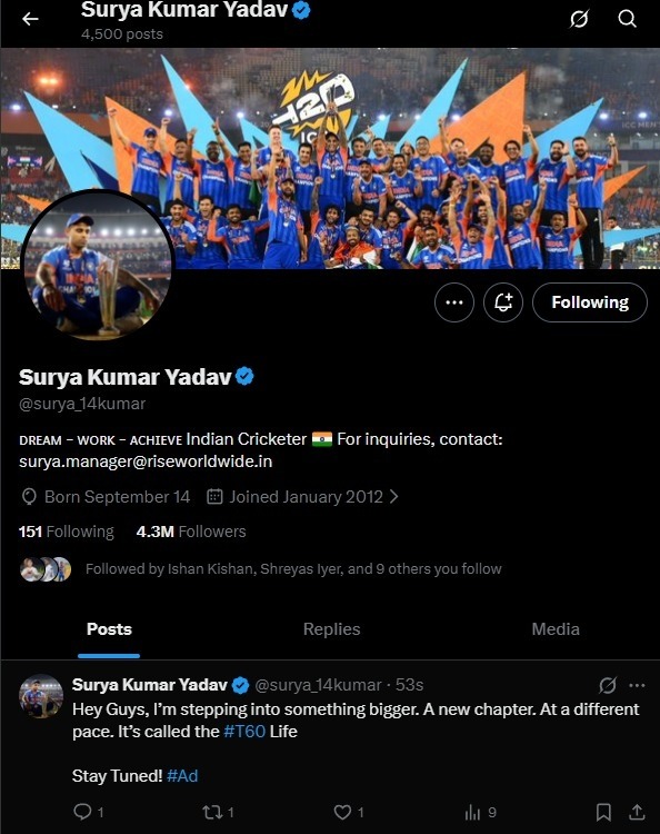 Suryakumar Yadav's 'T60 Life' Tweet Sets Social Media Abuzz, Fans Guess His Next Steps